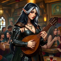 A half-elf bard with alluring black hair featuring silver-white highlights, standing at 5'7"