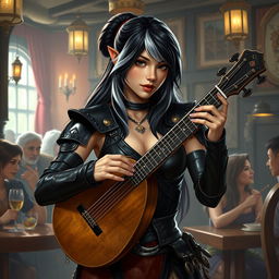 A half-elf bard with alluring black hair featuring silver-white highlights, standing at 5'7"