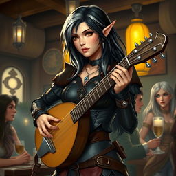 A half-elf bard with alluring black hair featuring silver-white highlights, standing at 5'7"