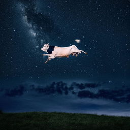 A playful cow gracefully leaping over a radiant full moon against the backdrop of a dark, star-sprinkled sky.