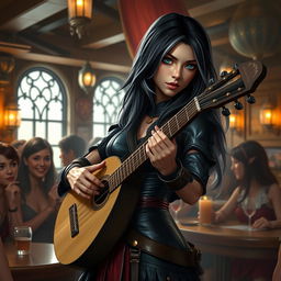 A half-elf bard with alluring black hair featuring silver-white highlights, standing at 5'7"