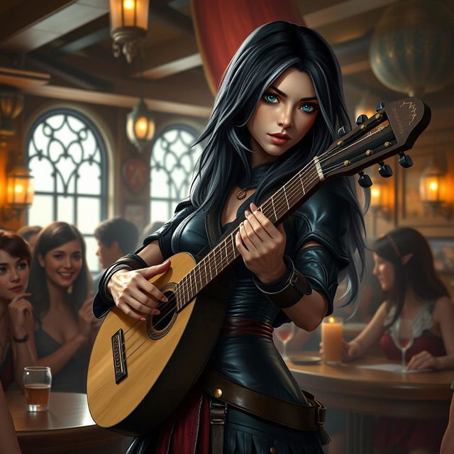 A half-elf bard with alluring black hair featuring silver-white highlights, standing at 5'7"