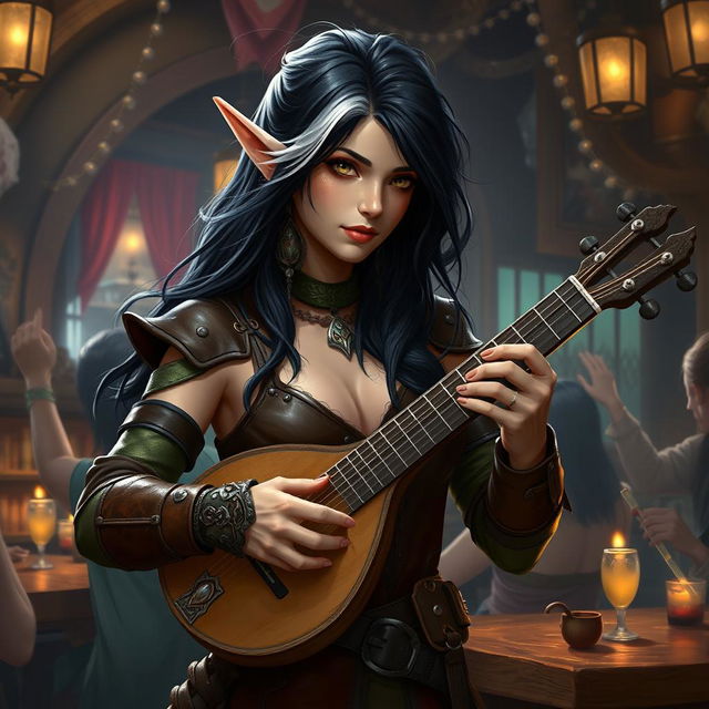 A half-elf bard with captivating black hair adorned with silver-white highlights, standing at 5'7"