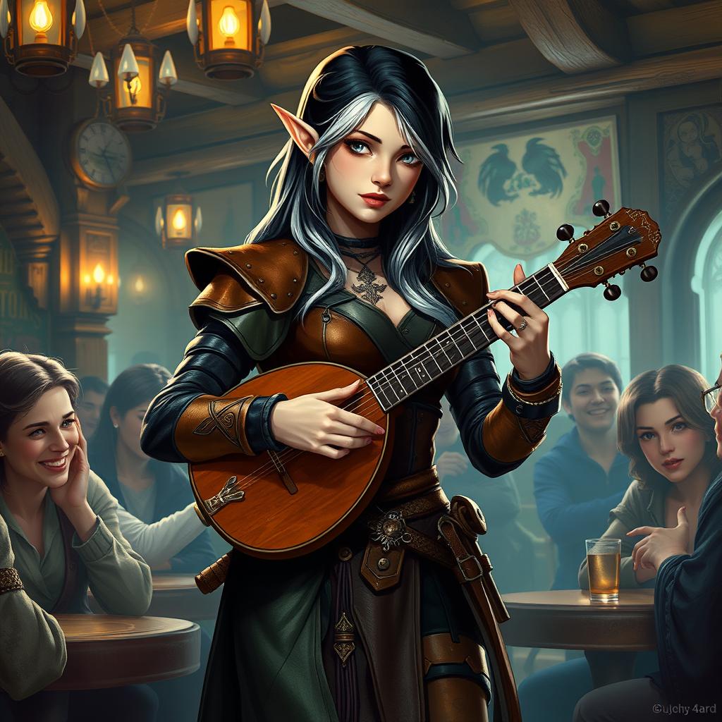 A half-elf bard with enchanting black hair highlighted in silver-white, standing at 5'7"