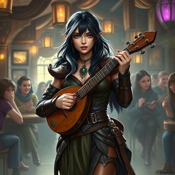 A half-elf bard with enchanting black hair highlighted in silver-white, standing at 5'7"