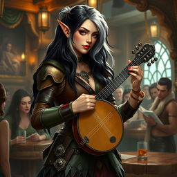 A half-elf bard with enchanting black hair highlighted in silver-white, standing at 5'7"