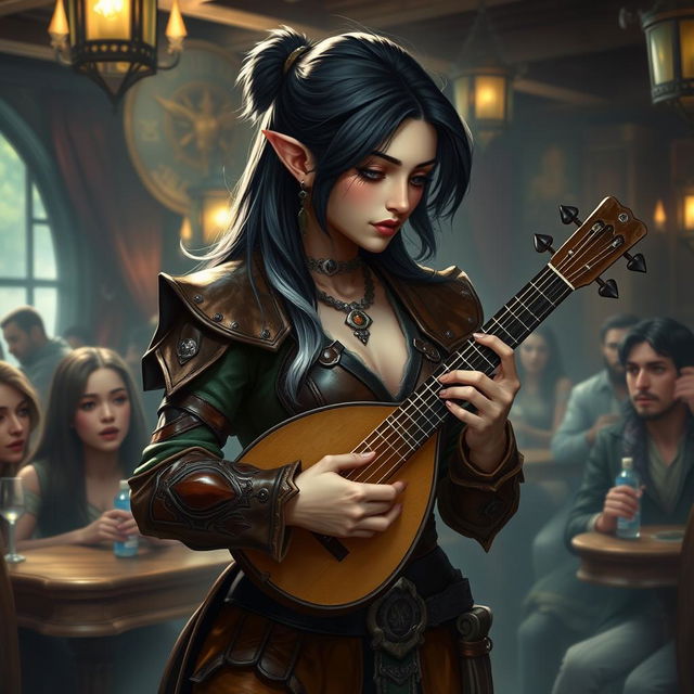 A half-elf bard with enchanting black hair highlighted in silver-white, standing at 5'7"