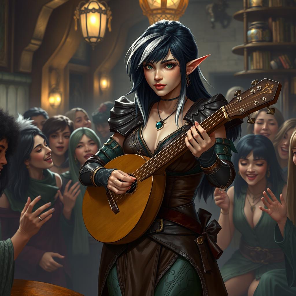 A half-elf bard with striking black hair highlighted by silver-white streaks, standing at 5'7"