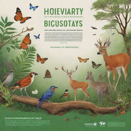 Generate a compelling and informative poster for a biodiversity conservation awareness campaign. Include diverse flora and fauna, depict the protection of ecosystems, and integrate persuasive advertising content.