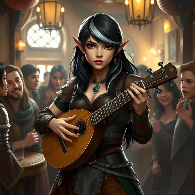 A half-elf bard with striking black hair highlighted by silver-white streaks, standing at 5'7"