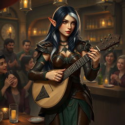 A half-elf bard with striking black hair highlighted by silver-white streaks, standing at 5'7"