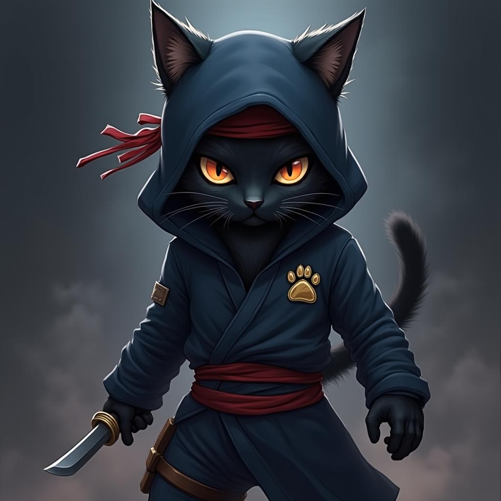 A Solo Leveling stylized anime furry and fuzzy black cat-man ninja, portrayed as short yet incredibly badass