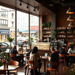 A cozy coffee shop interior, with warm wooden furniture, soft ambient lighting, and a large display of pastries behind a glass counter