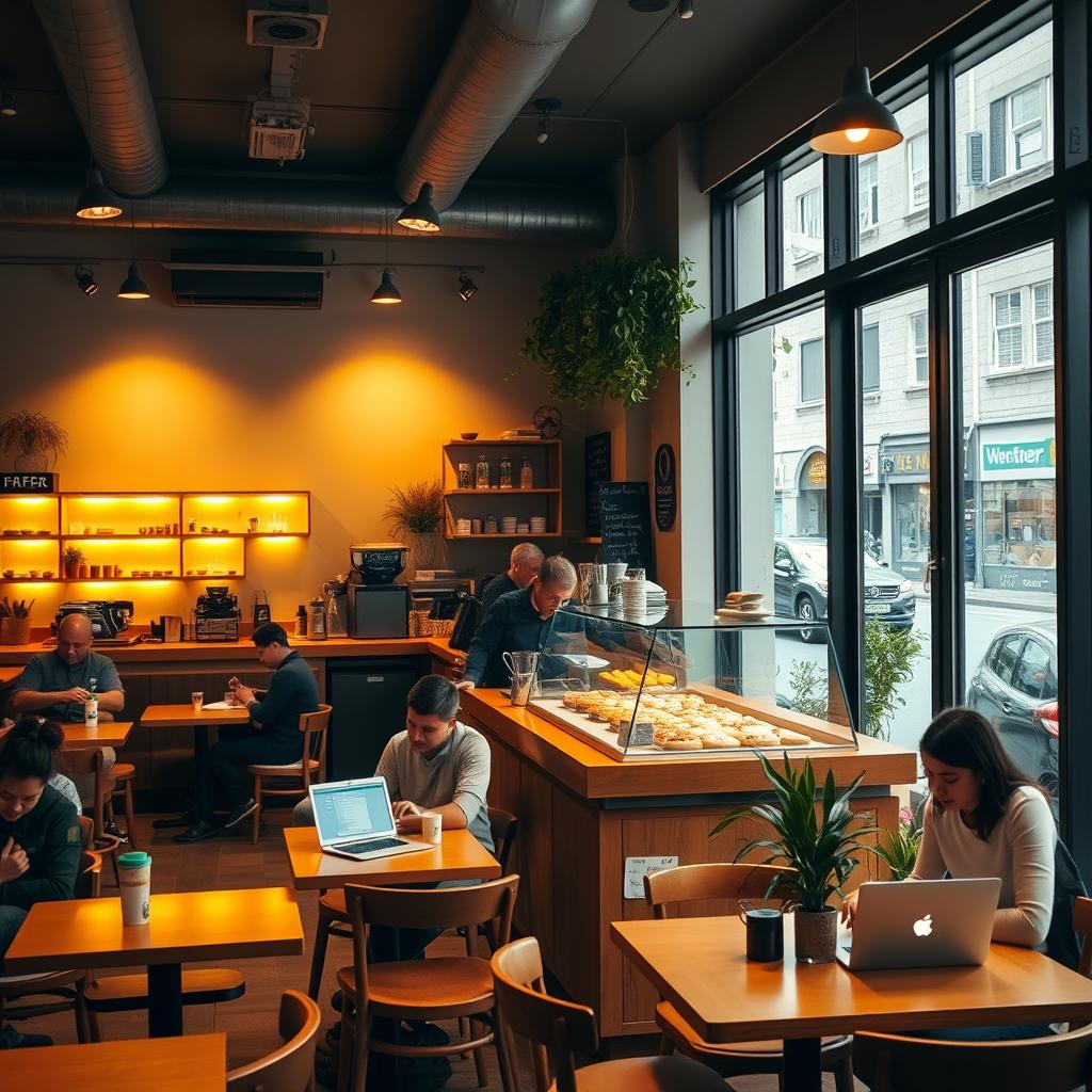 A cozy coffee shop interior, with warm wooden furniture, soft ambient lighting, and a large display of pastries behind a glass counter