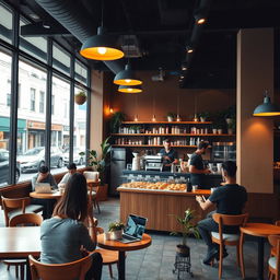 A cozy coffee shop interior, with warm wooden furniture, soft ambient lighting, and a large display of pastries behind a glass counter