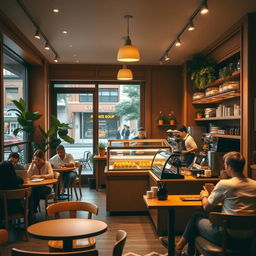 A cozy coffee shop interior, with warm wooden furniture, soft ambient lighting, and a large display of pastries behind a glass counter