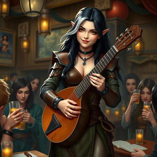 A half-elf bard with stunning black hair featuring silver-white highlights, standing at 5'7"