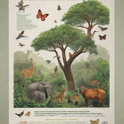 Generate a compelling and informative poster for a biodiversity conservation awareness campaign. Include diverse flora and fauna, depict the protection of ecosystems, and integrate persuasive advertising content.