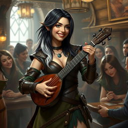 A half-elf bard with black hair and silver-white highlights, standing at 5'7"