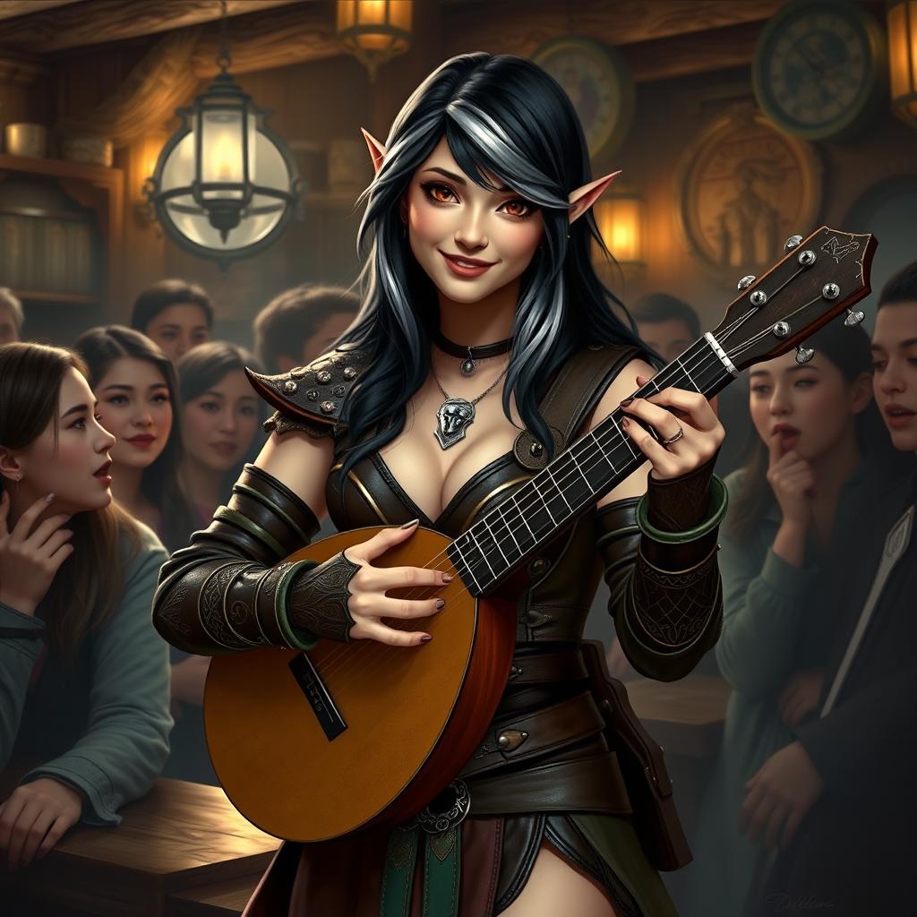 A half-elf bard with black hair and silver-white highlights, standing at 5'7"