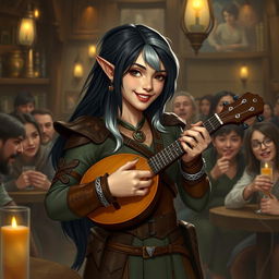 A half-elf bard with black hair and silver-white highlights, standing at 5'7"