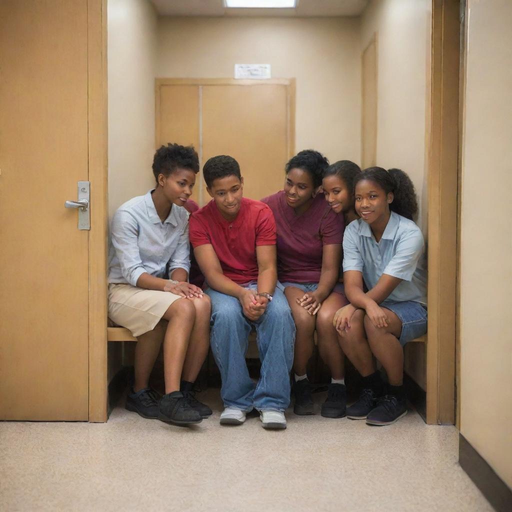 Refine the image to highlight a small group centralizing decision-making power, without consulting the school community: Perhaps a group huddled in a corner of the room or behind closed doors, signifying exclusion and control.