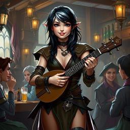 A half-elf bard with black hair and silver-white highlights, standing at 5'7"