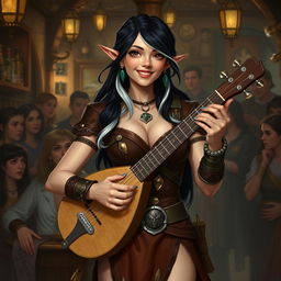 A half-elf bard with black hair and silver-white highlights, standing at 5'7"