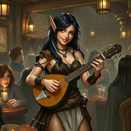 A half-elf bard with black hair and silver-white highlights, standing at 5'7"