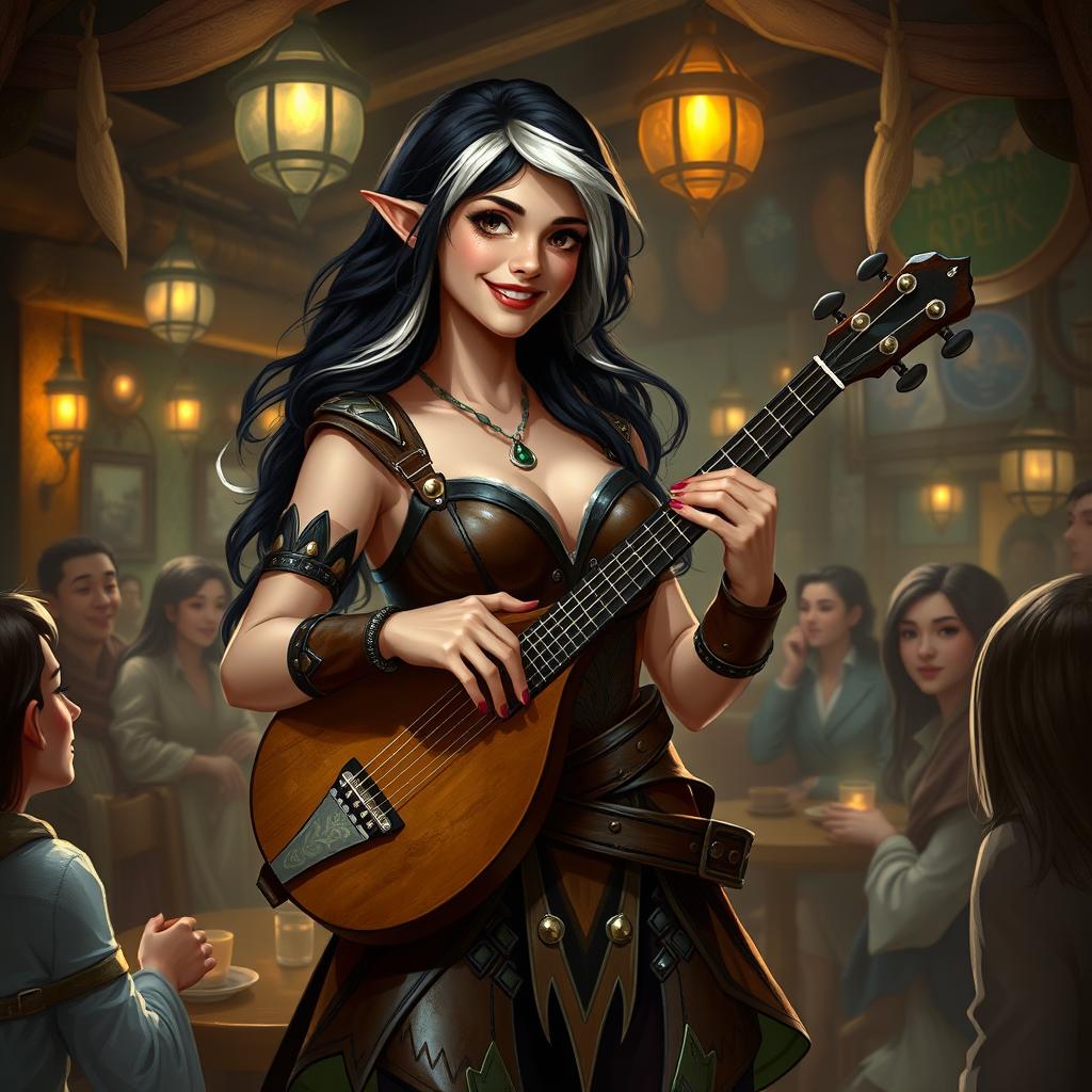 A half-elf bard with black hair and silver-white highlights, standing at 5'7"