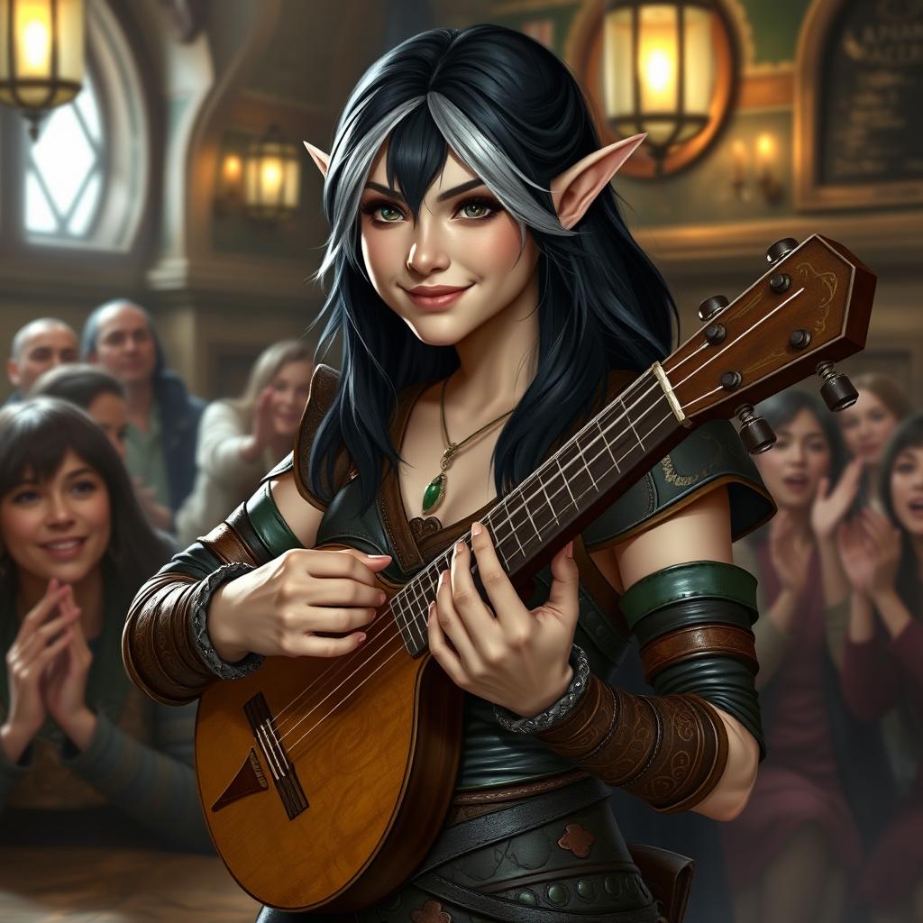 A full-body portrait of a half-elf bard with black hair and silver-white highlights, standing at 5'7"