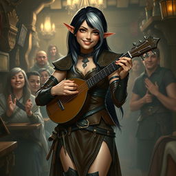 A full-body portrait of a half-elf bard with black hair and silver-white highlights, standing at 5'7"