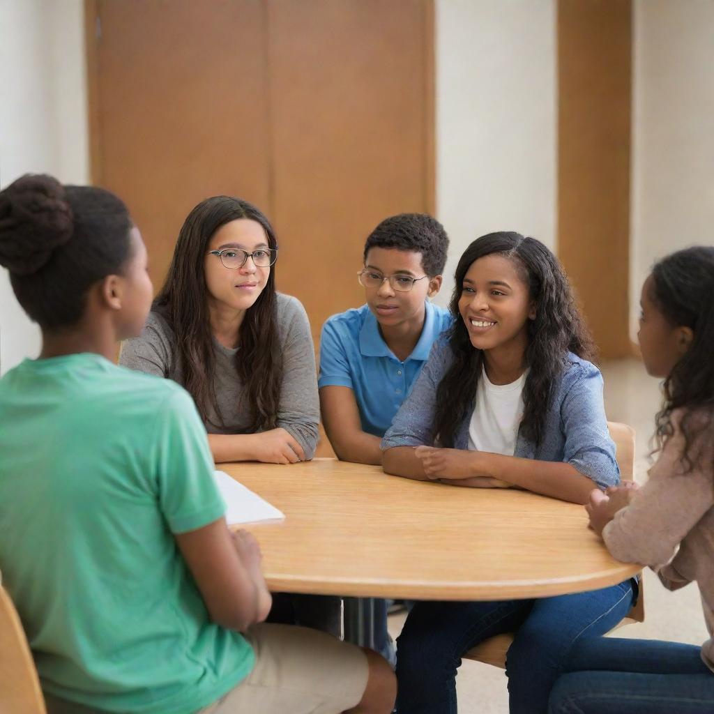 Refine the image to highlight a small group centralizing decision-making power, without consulting the school community: Perhaps a group huddled in a corner of the room or behind closed doors, signifying exclusion and control.