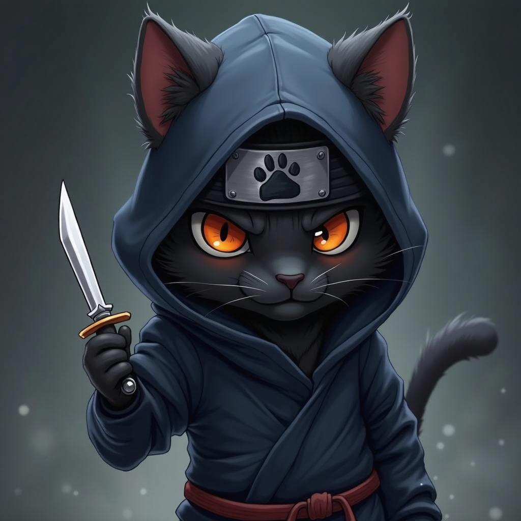 A Solo Leveling stylized anime furry and fuzzy black cat-man ninja, depicted as short yet incredibly badass