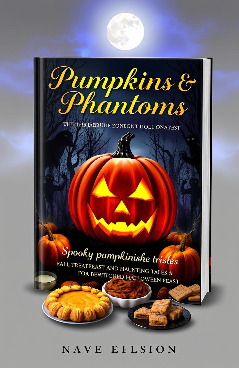 A captivating book cover design featuring a large, intricately carved pumpkin with a spooky face, glowing softly from within