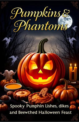 A captivating book cover design featuring a large, intricately carved pumpkin with a spooky face, glowing softly from within