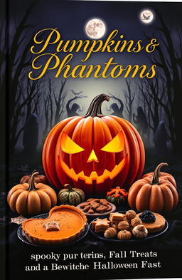 A captivating book cover design featuring a large, intricately carved pumpkin with a spooky face, glowing softly from within