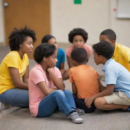 Refine the image to highlight a small group centralizing decision-making power, without consulting the school community: Perhaps a group huddled in a corner of the room or behind closed doors, signifying exclusion and control.