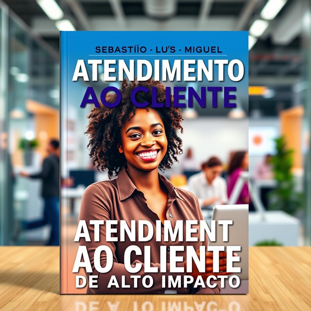 A visually appealing book cover for 'ATENDIMENTO AO CLIENTE', featuring a young, happy Black woman represented in a modern and dynamic environment, actively engaging in customer service