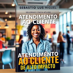 A visually appealing book cover for 'ATENDIMENTO AO CLIENTE', featuring a young, happy Black woman represented in a modern and dynamic environment, actively engaging in customer service