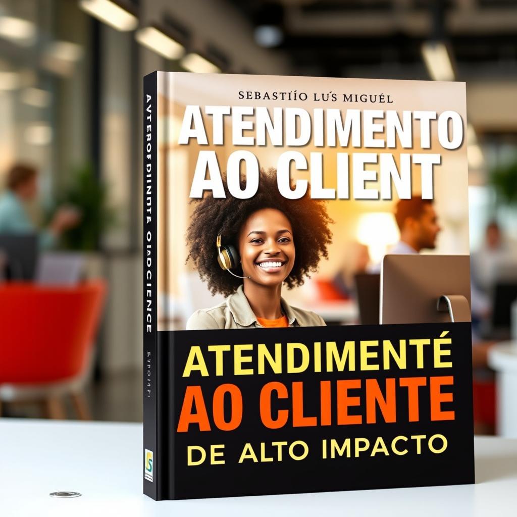 A visually appealing book cover for 'ATENDIMENTO AO CLIENTE', featuring a young, happy Black woman represented in a modern and dynamic environment, actively engaging in customer service