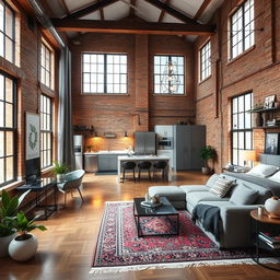 A beautifully designed 56 square meter loft interior, showcasing an open floor plan with a modern aesthetic