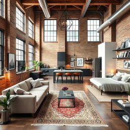 A beautifully designed 56 square meter loft interior, showcasing an open floor plan with a modern aesthetic