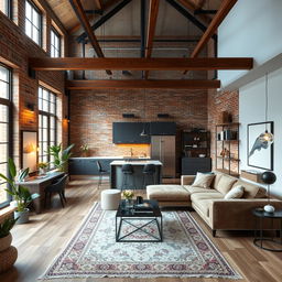 A beautifully designed 56 square meter loft interior, showcasing an open floor plan with a modern aesthetic