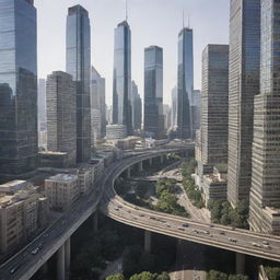 A bustling modern city filled with towering skyscrapers, with intricate viaducts snaking through the urban landscape weaving seamlessly between the buildings.