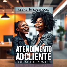 A visually striking A4 book cover for 'ATENDIMENTO AO CLIENTE', featuring a joyful young Black woman in a modern and dynamic environment, actively engaging in customer service