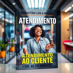 A visually striking A4 book cover for 'ATENDIMENTO AO CLIENTE', featuring a joyful young Black woman in a modern and dynamic environment, actively engaging in customer service