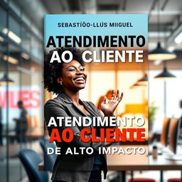 A visually striking A4 book cover for 'ATENDIMENTO AO CLIENTE', featuring a joyful young Black woman in a modern and dynamic environment, actively engaging in customer service