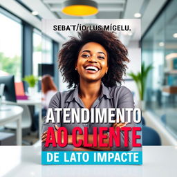 A visually striking A4 book cover for 'ATENDIMENTO AO CLIENTE', featuring a joyful young Black woman in a modern and dynamic environment, actively engaging in customer service