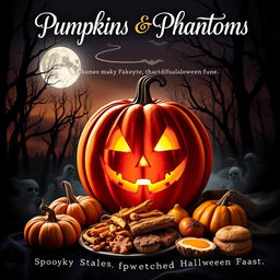 A captivating book cover design featuring a large, intricately carved pumpkin with a spooky face, glowing softly from within